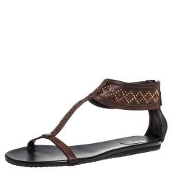 Pre Owned Gucci Dark Brown Leather Studded T Strap Flat Sandals Size 42