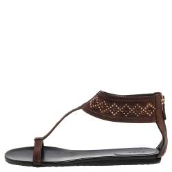Pre Owned Gucci Dark Brown Leather Studded T Strap Flat Sandals Size 42