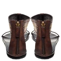 Pre Owned Gucci Dark Brown Leather Studded T Strap Flat Sandals Size 42