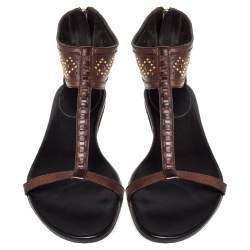 Pre Owned Gucci Dark Brown Leather Studded T Strap Flat Sandals Size 42