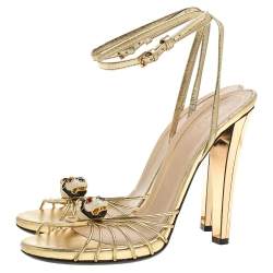 Pre Owned Gucci Metallic Gold Leather Strappy Tiger Charm Embellished Ankle Strap Sandals Size 38