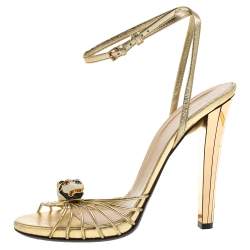 Pre Owned Gucci Metallic Gold Leather Strappy Tiger Charm Embellished Ankle Strap Sandals Size 38