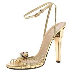 Pre Owned Gucci Metallic Gold Leather Strappy Tiger Charm Embellished Ankle Strap Sandals Size 38