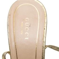 Pre Owned Gucci Metallic Gold Leather Strappy Tiger Charm Embellished Ankle Strap Sandals Size 38