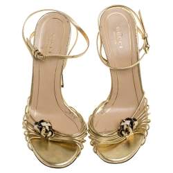 Pre Owned Gucci Metallic Gold Leather Strappy Tiger Charm Embellished Ankle Strap Sandals Size 38