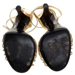 Pre Owned Gucci Metallic Gold Leather Strappy Tiger Charm Embellished Ankle Strap Sandals Size 38