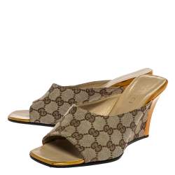 Pre Owned صندل مول غوتشي كعب روكي مقدم ة مفتوحة لامع أصفر وكانفاس جي جي بيج مقاس 38.5