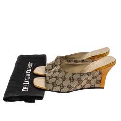 Pre Owned صندل مول غوتشي كعب روكي مقدمة مفتوحة لامع أصفر وكانفاس جي جي بيج مقاس 38.5