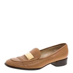 Gucci Brown Leather Gold-Tone Logo Plate Block Heel Loafer Pumps Size 37.5