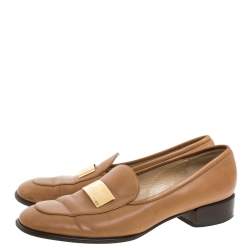 Gucci Brown Leather Gold-Tone Logo Plate Block Heel Loafer Pumps Size 37.5