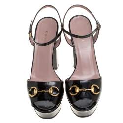 Pre Owned Gucci Black Patent Leather Claudie Horsebit Peep Toe Platform Sandals Size 38.5