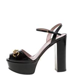 Pre Owned Gucci Black Patent Leather Claudie Horsebit Peep Toe Platform Sandals Size 38.5