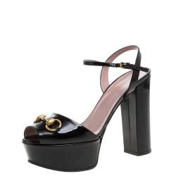 Pre Owned Gucci Black Patent Leather Claudie Horsebit Peep Toe Platform Sandals Size 38.5
