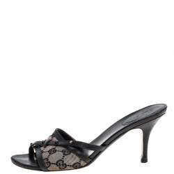 Pre Owned Gucci Beige/Black GG Canvas And Stud Embellished Leather Slide Sandals Size 37.5