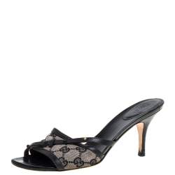 Pre Owned Gucci Beige/Black GG Canvas And Stud Embellished Leather Slide Sandals Size 37.5