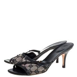 Pre Owned Gucci Beige/Black GG Canvas And Stud Embellished Leather Slide Sandals Size 37.5