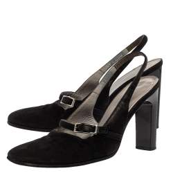 مملوكة مسبقًا Gucci Black Suede Round Toe Buckle Detail Slingback Sandals Size 37.5