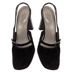 مملوكة مسبقًا Gucci Black Suede Round Toe Buckle Detail Slingback Sandals Size 37.5