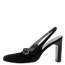 مملوكة مسبقًا Gucci Black Suede Round Toe Buckle Detail Slingback Sandals Size 37.5