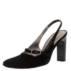 مملوكة مسبقًا Gucci Black Suede Round Toe Buckle Detail Slingback Sandals Size 37.5