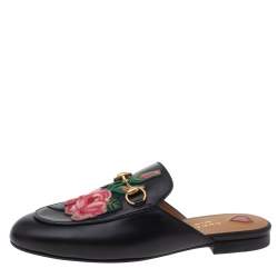 Pre Owned Gucci Black Leather Princetown Flower Embroidered Flat Mules Size 37