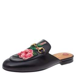 Pre Owned Gucci Black Leather Princetown Flower Embroidered Flat Mules Size 37
