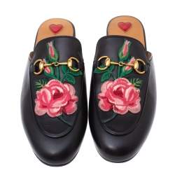 Pre Owned Gucci Black Leather Princetown Flower Embroidered Flat Mules Size 37