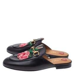Pre Owned Gucci Black Leather Princetown Flower Embroidered Flat Mules Size 37