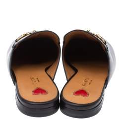 Pre Owned Gucci Black Leather Princetown Flower Embroidered Flat Mules Size 37