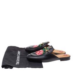 Pre Owned Gucci Black Leather Princetown Flower Embroidered Flat Mules Size 37