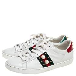 Pre Owned Gucci White Leather Ace Faux Pearl Embellished Studded Low Top Sneakers Size 38