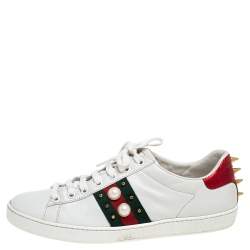 Pre Owned Gucci White Leather Ace Faux Pearl Embellished Studded Low Top Sneakers Size 38