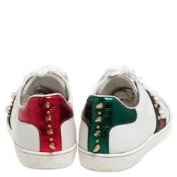 Pre Owned Gucci White Leather Ace Faux Pearl Embellished Studded Low Top Sneakers Size 38