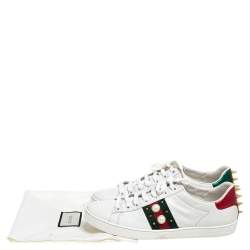 Pre Owned Gucci White Leather Ace Faux Pearl Embellished Studded Low Top Sneakers Size 38