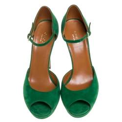 Pre Owned صندل غوتشي نعل سميك و سير كاحل و مقدمة مفتوحة سويدي أخضر مقاس 37