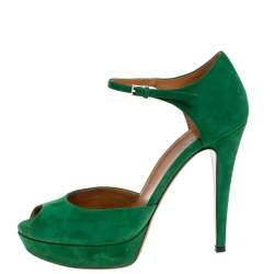 Pre Owned صندل غوتشي نعل سميك و سير كاحل و مقدمة مفتوحة سويدي أخضر مقاس 37