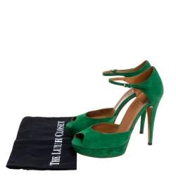 Pre Owned صندل غوتشي نعل سميك و سير  كاحل و مقدمة مفتوحة سويدي أخضر مقاس 37