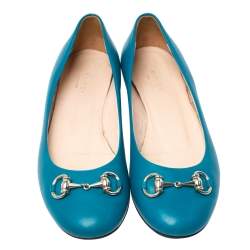 Pre Owned حذاء باليرينا فلات غوتشي مزين هورسبيت جلد أزرق مخضر مقاس 38