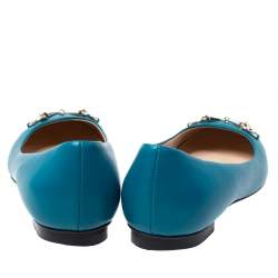 Pre Owned حذاء باليرينا فلات غوتشي مزين هورسبيت جلد أزرق مخضر مقاس 38