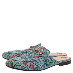 مملوكة مسبقًا Gucci Blue Floral Print Satin Princetown Mules Size 38