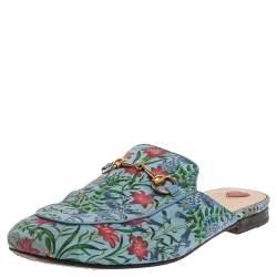 مملوكة مسبقًا Gucci Blue Floral Print Satin Princetown Mules Size 38
