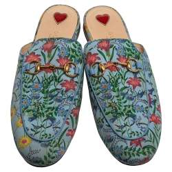 مملوكة مسبقًا Gucci Blue Floral Print Satin Princetown Mules Size 38