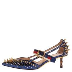 Gucci Blue Metallic Blue Leather Studded Leather Sylvie Mary Jane Pointed Toe Pumps Size 37.5