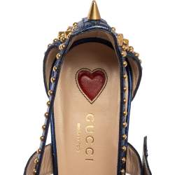 Gucci Blue Metallic Blue Leather Studded Leather Sylvie Mary Jane Pointed Toe Pumps Size 37.5