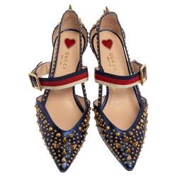 Gucci Blue Metallic Blue Leather Studded Leather Sylvie Mary Jane Pointed Toe Pumps Size 37.5