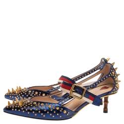 Gucci Blue Metallic Blue Leather Studded Leather Sylvie Mary Jane Pointed Toe Pumps Size 37.5