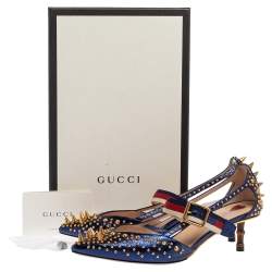 Gucci Blue Metallic Blue Leather Studded Leather Sylvie Mary Jane Pointed Toe Pumps Size 37.5