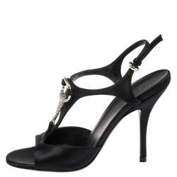 مملوكة مسبقًا صندل غوتشي سير حرف تي مزخرف كريستال و مقدمة مفتوحة ساتان أسود مقاس 37