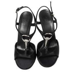 مملوكة مسبقًا صندل غوتشي سير حرف تي مزخرف كريستال و مقدمة مفتوحة ساتان أسود مقاس 37