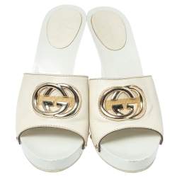 Pre Owned Gucci White Leather GG Open Toe Platform Clog Sandals Size 38